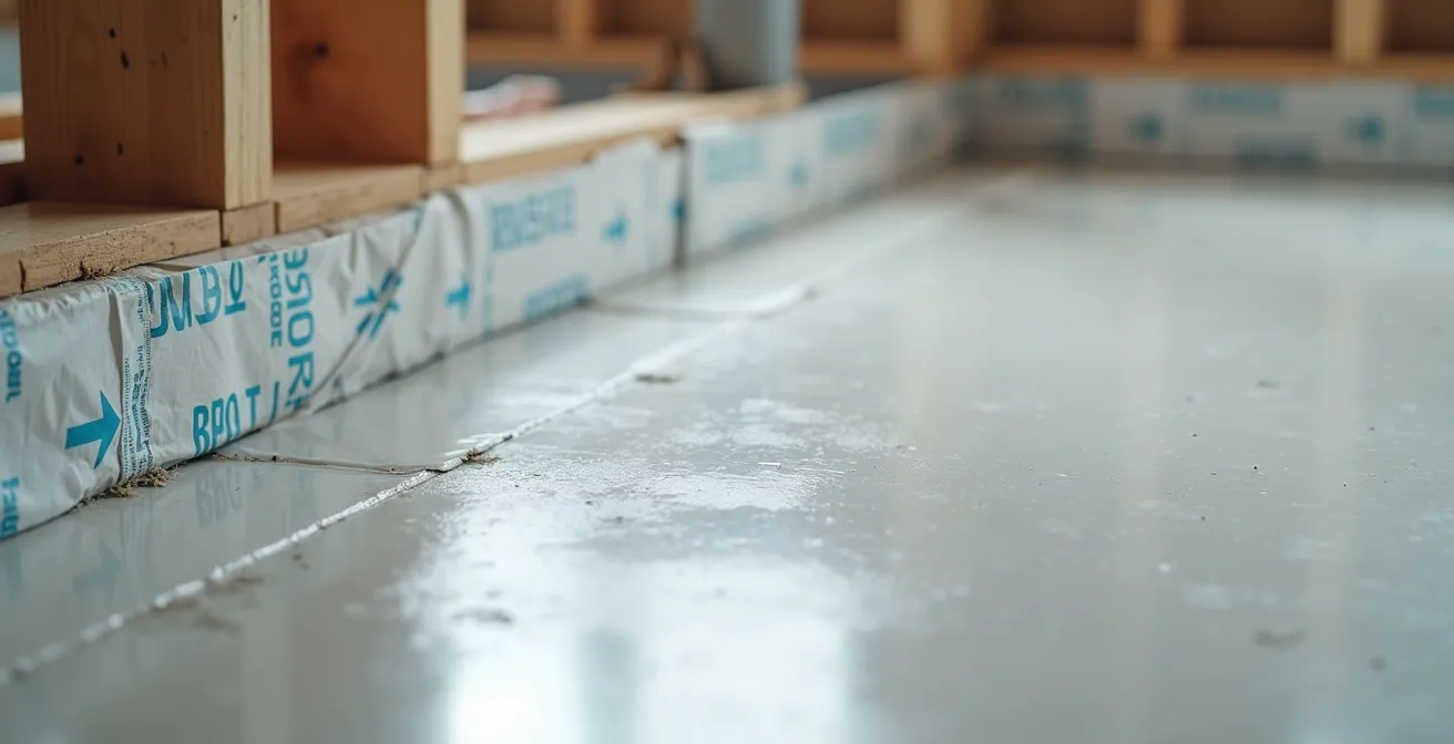 Close-up of a basement floor with moisture barrier installation under vinyl flooring