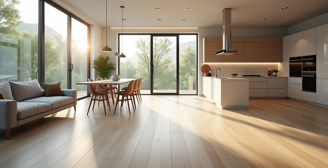 Modern home interior featuring sleek vinyl flooring in living and kitchen areas